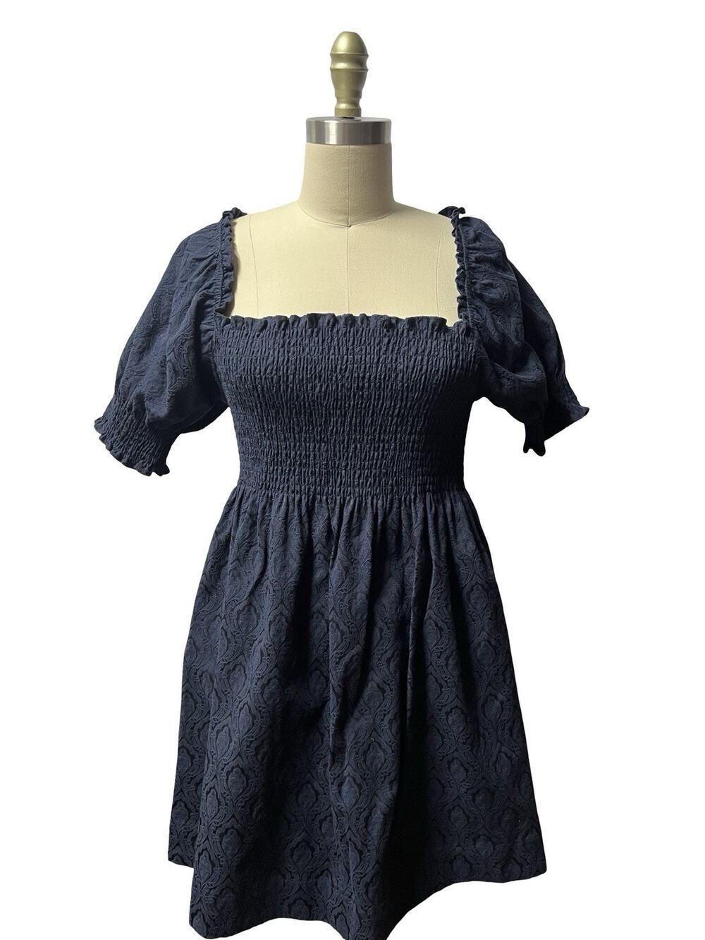 Hill House The Athena Nap Babydoll Dress Navy Blue Damask SZ Small - Picture 1 of 8